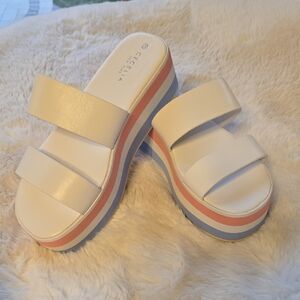 White Triple-Strap Platform KING Sandals with Pastel Stripe Sole